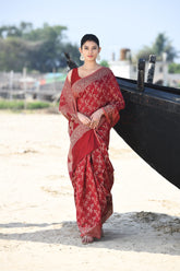 'Zaroka' Garnet Pure Resham Cotton Banarasi Handloom Saree